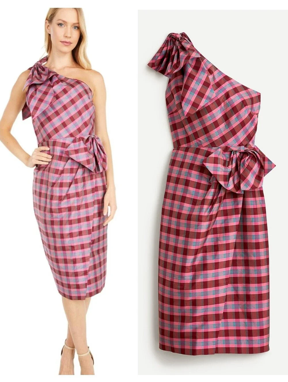J. Crew Ocho One-shoulder Midi dress in Fuchsia Wine plaid Holiday Size 6